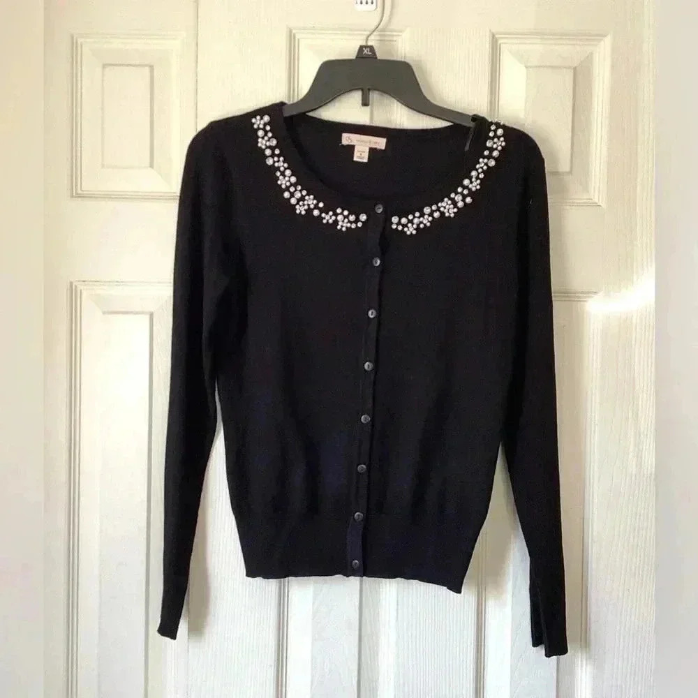 DB Established 1962 Black Pearl &rhinestone Beaded Cardigan size Small